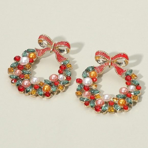 Bow Accent Christmas Wreath Earrings Holiday Jewelry - Picture 1 of 2